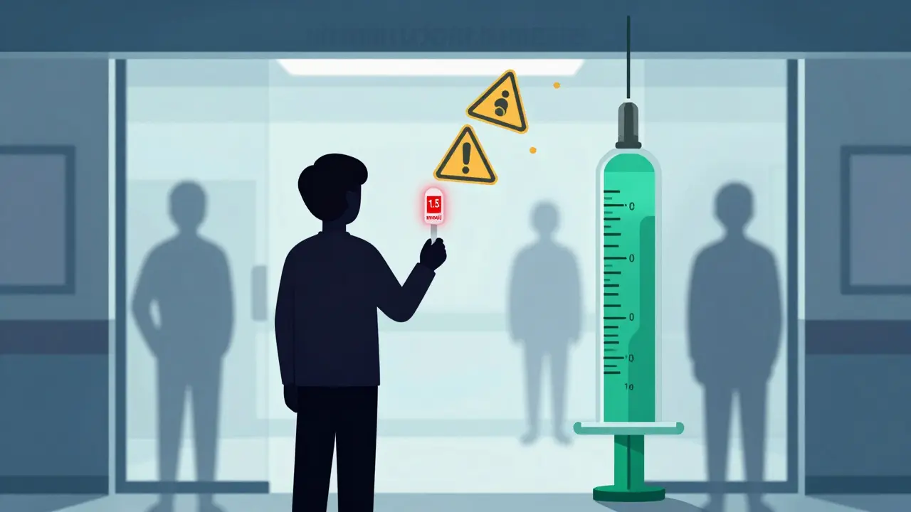 Person at ER entrance holding red-alert ketone strip, other meds falling away.