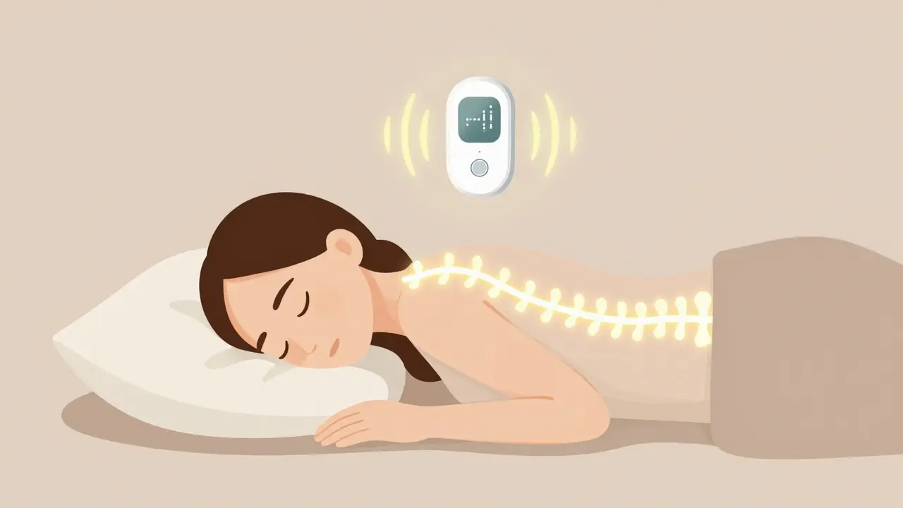 Person sleeping with aligned spine and posture-correcting device glowing softly