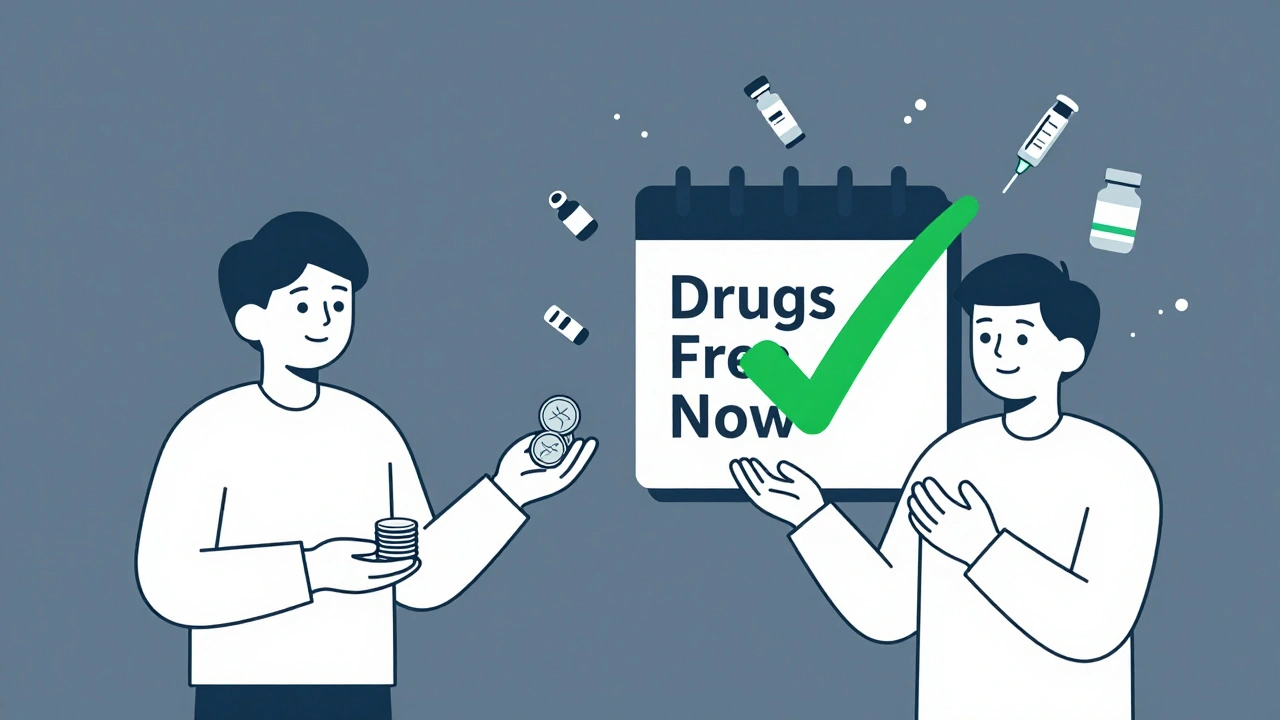 Person smiling after reaching ,000 drug cap with free medications symbol