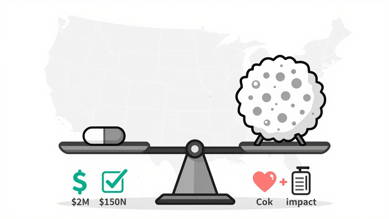 Scale balancing simple generic pill against complex biosimilar vial, with cost, testing, and medical impact icons.