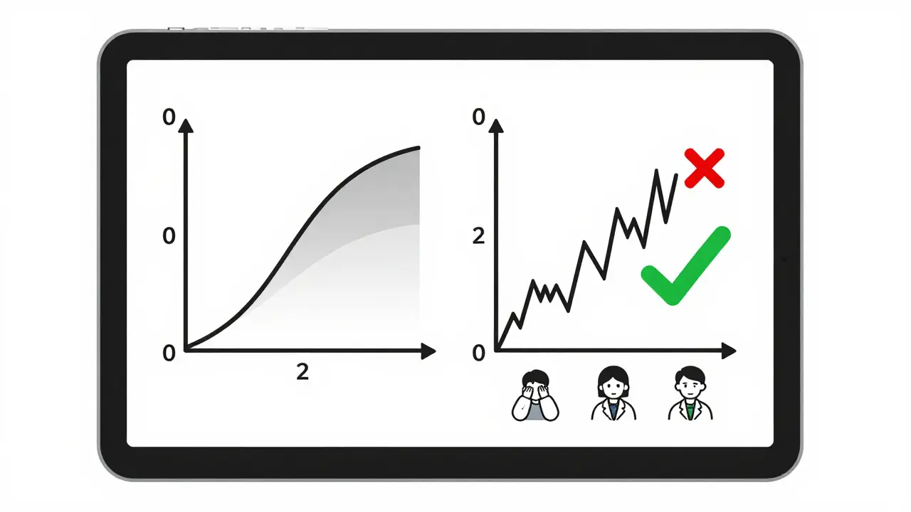 Scientist comparing drug concentration graphs with partial AUC zone marked, showing clinical impact on patients.