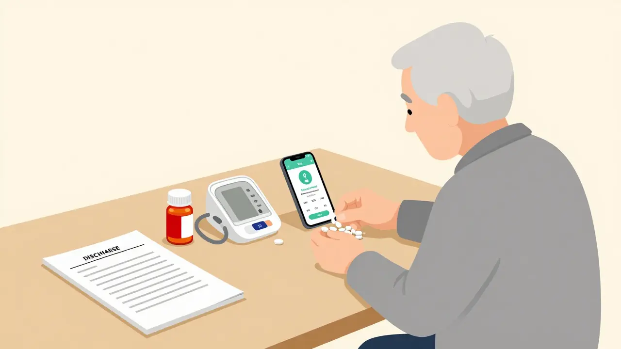 Senior taking pills at home with discharge list and telehealth reminder on phone.