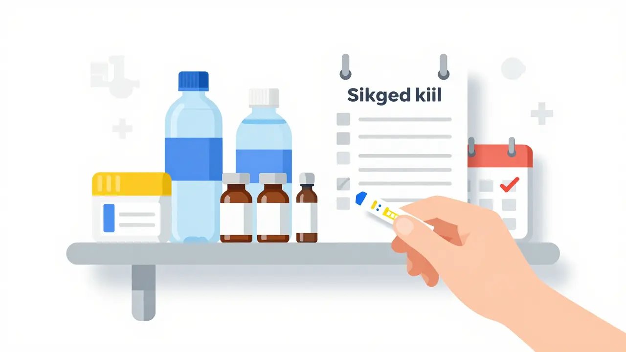 Sick-day kit with test strips, water, and insulin neatly arranged on a shelf.
