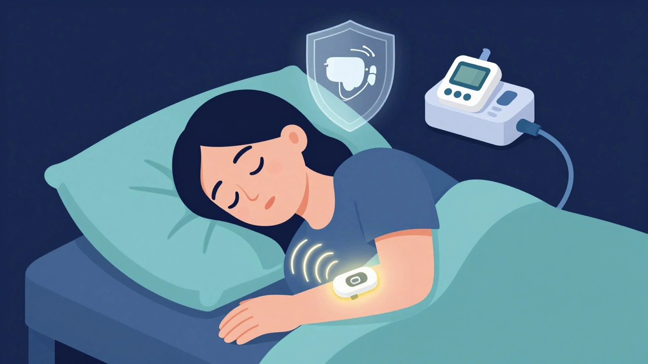Sleeping person with CGM and insulin pump for overnight safety.