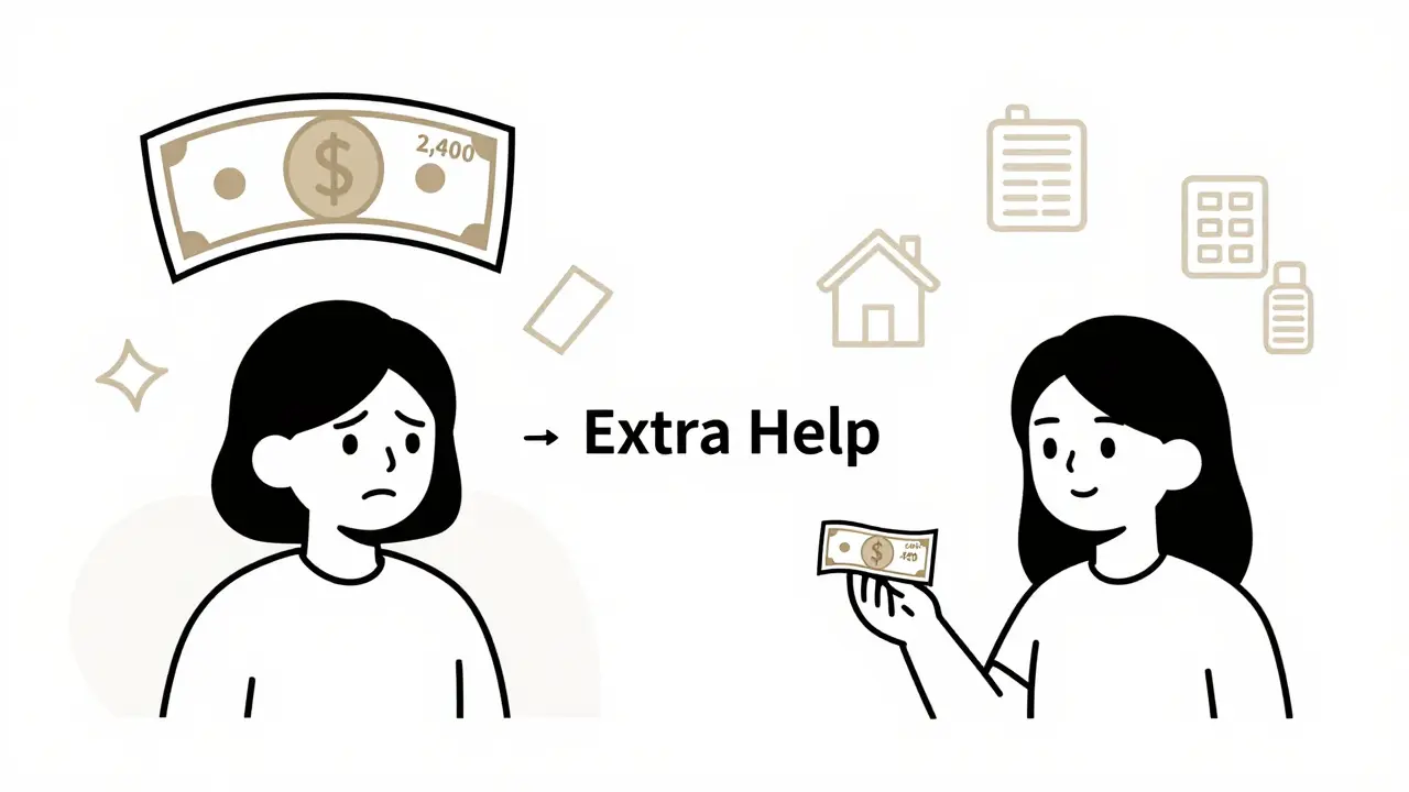 Split scene: person with high vs low drug costs connected by 'Extra Help' arrow.