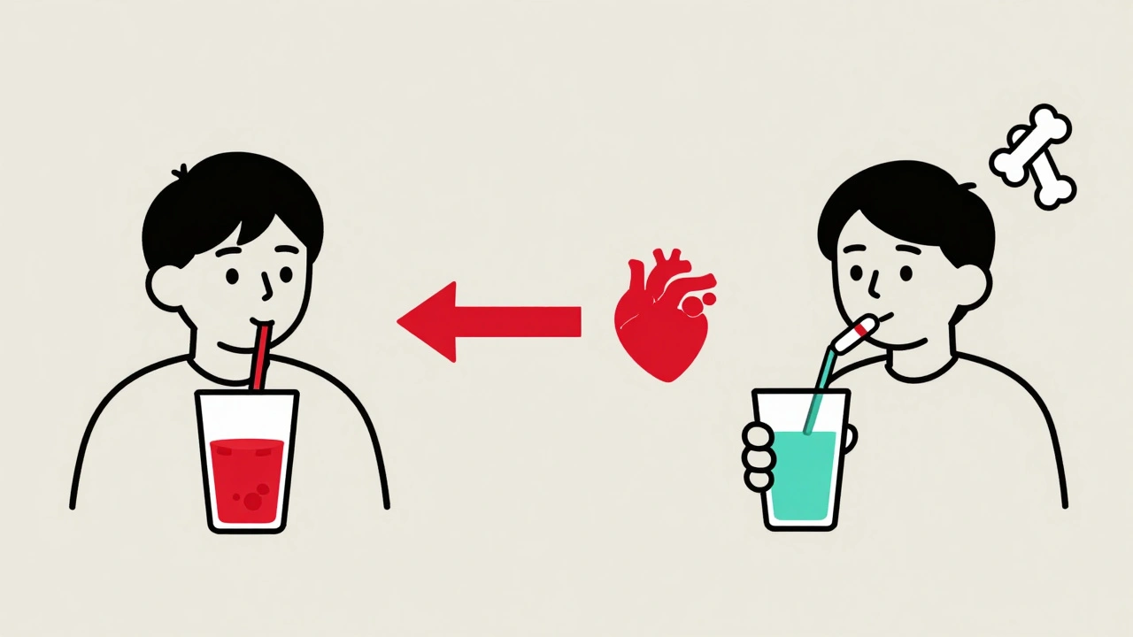 Split scene: wrong and right ways to take medication with fluids, shown with arrows and icons.