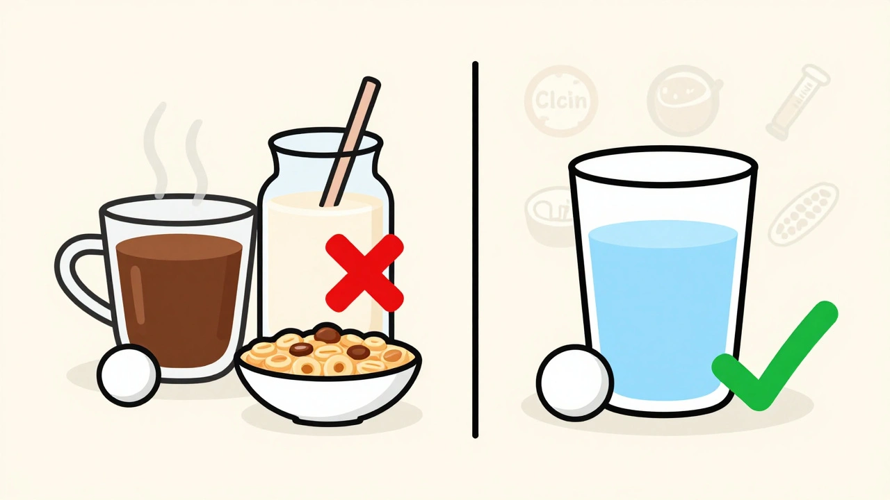 Split-screen: thyroid pill with interfering foods (X) vs. safe with water (checkmark).