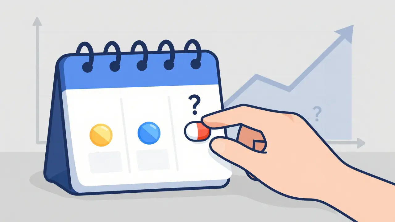 Three differently shaped pills in a calendar, one being picked while others fade.