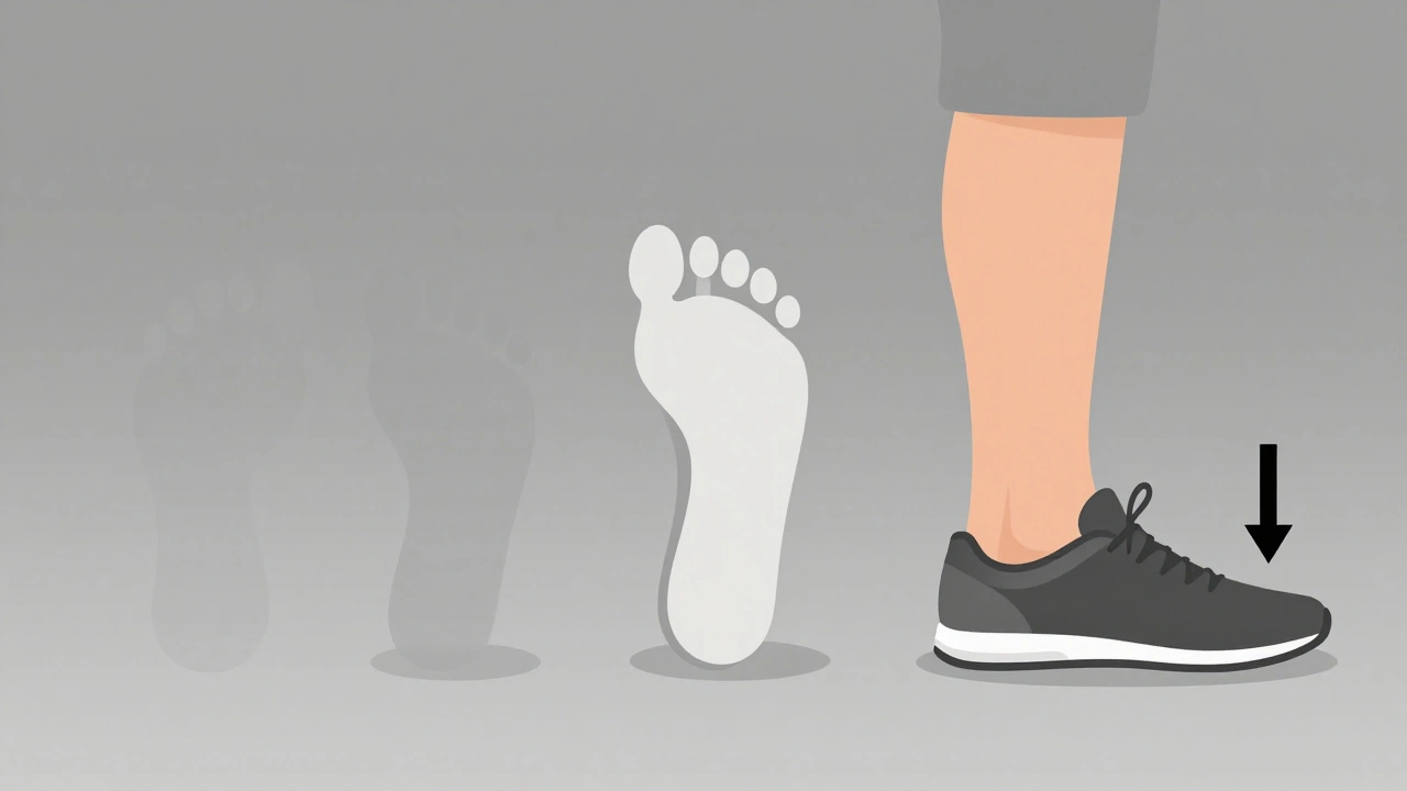 Three footprints showing progression from pain to recovery with supportive footwear.