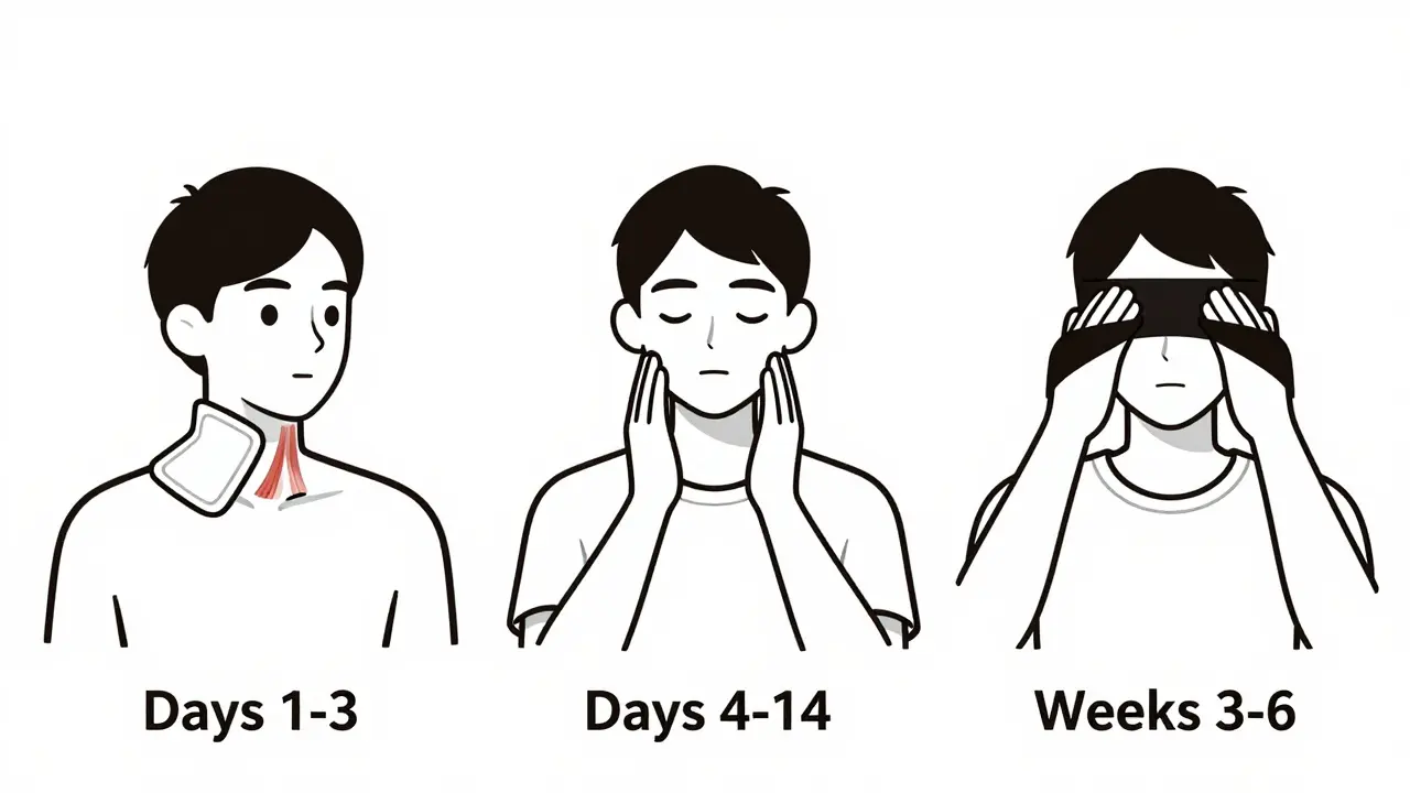 Three minimalist stages of neck strain recovery with exercises and ice