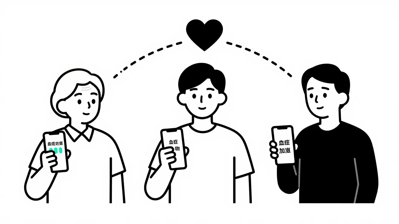 Three silhouettes with phones receiving different medication reminders connected to a heart icon.