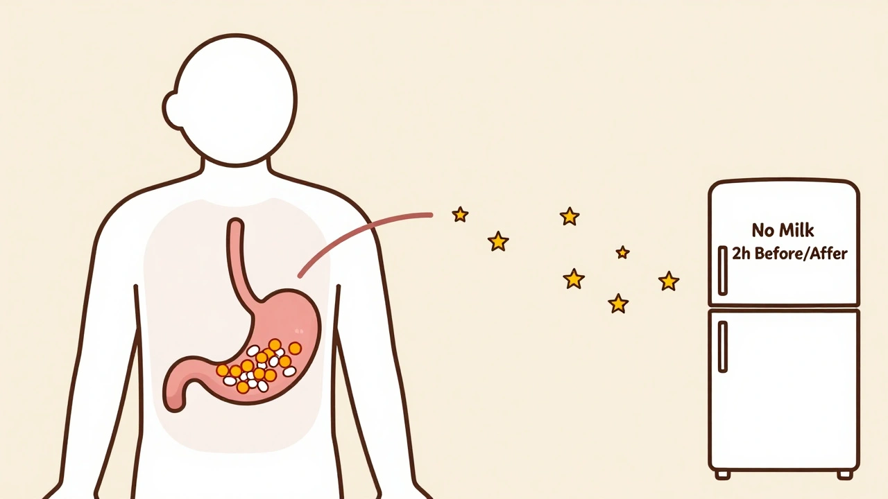 Transparent human torso showing antibiotics blocked by calcium ions in stomach