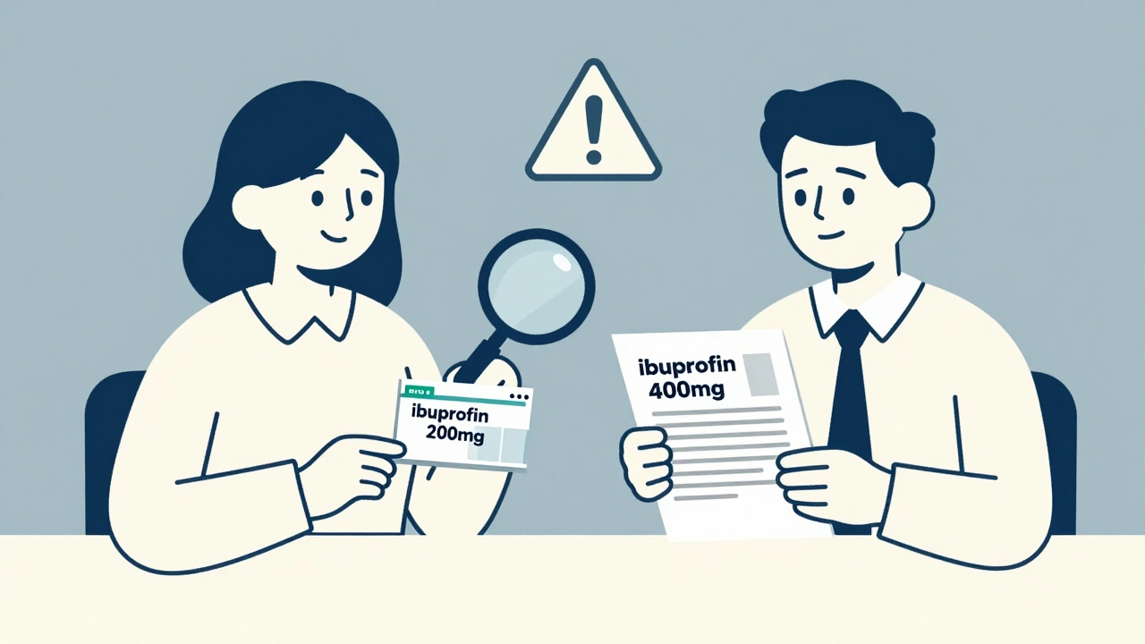 Two annotators comparing drug labels with a magnifying glass highlighting a dosage discrepancy.