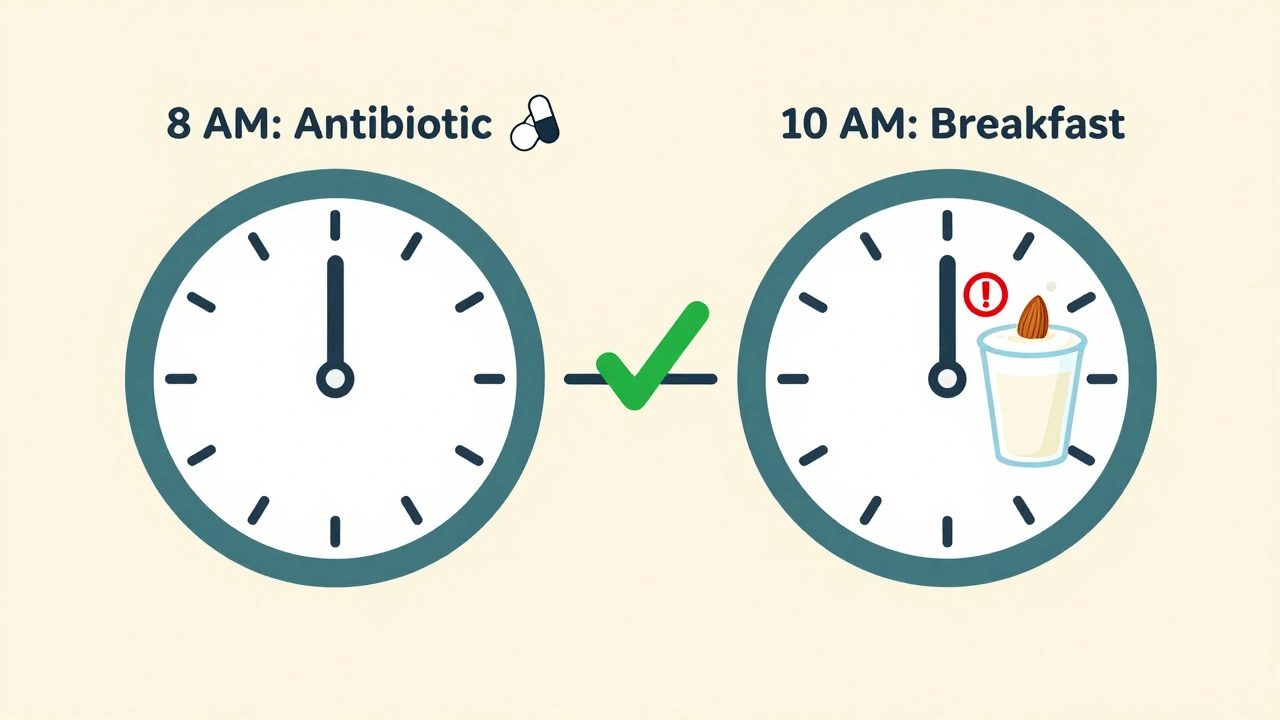 Two clocks showing timing gap between antibiotic and dairy, with green checkmark