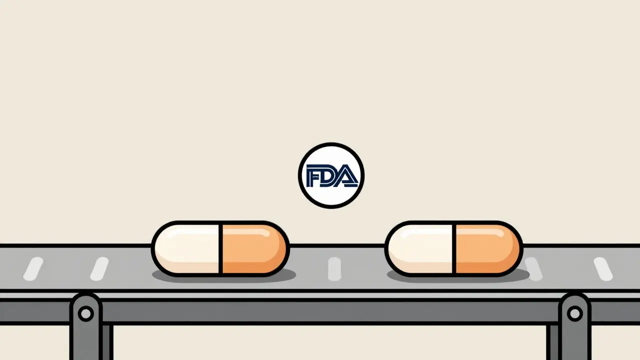 Two identical pills on a factory belt, one branded and one plain, with an FDA badge above.