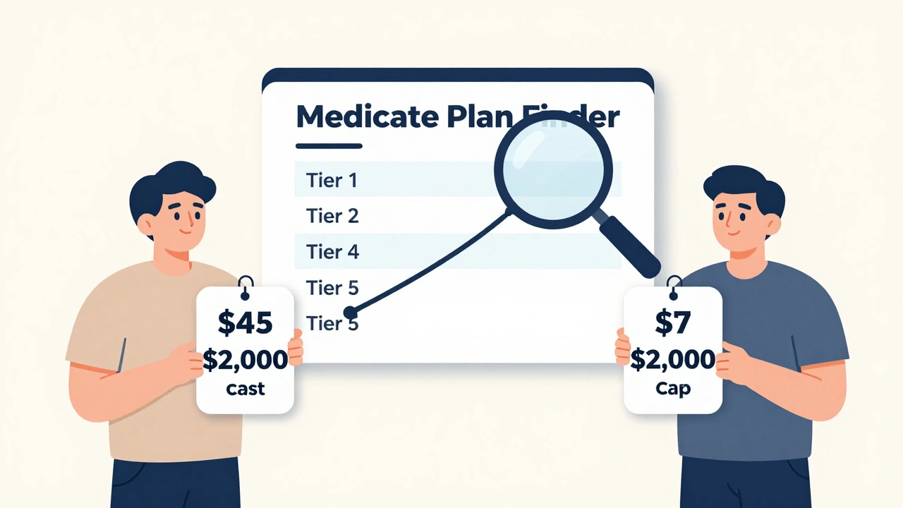 Two people comparing Medicare Part D premiums and drug cost caps