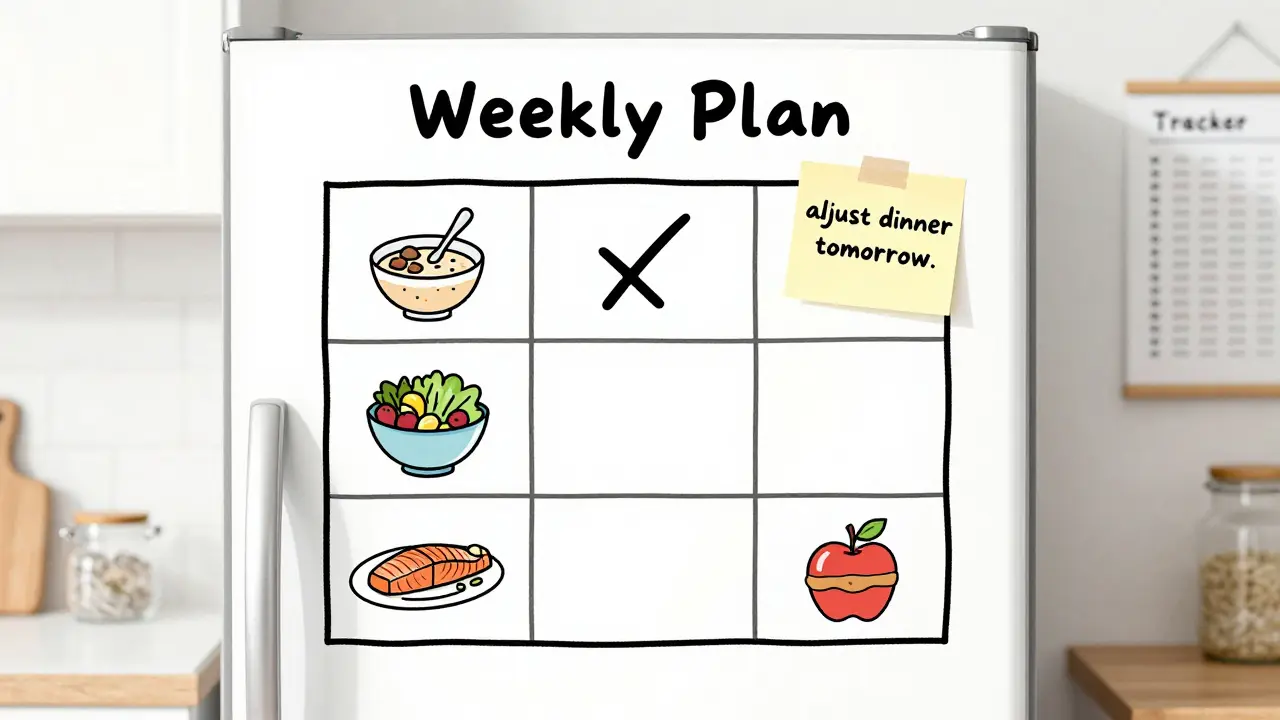 Weekly meal plan on a fridge with checkmarks and a sticky note for adjustments