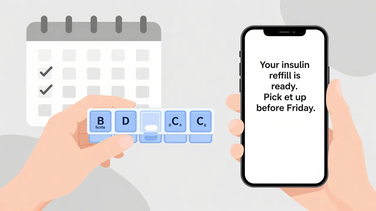 Weekly pill organizer next to phone with refill notification, symbolizing medication routine.