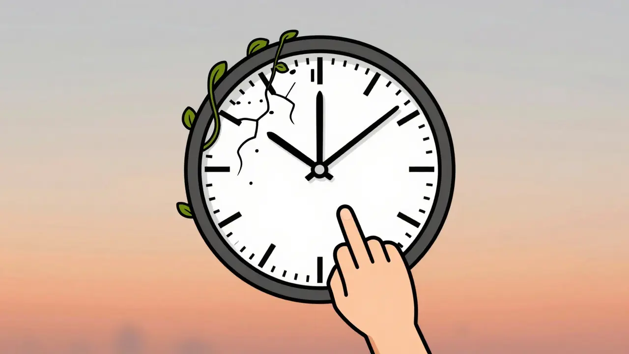 A cracked clock with vines grows over it, while a hand turns its hands backward to symbolize early intervention.