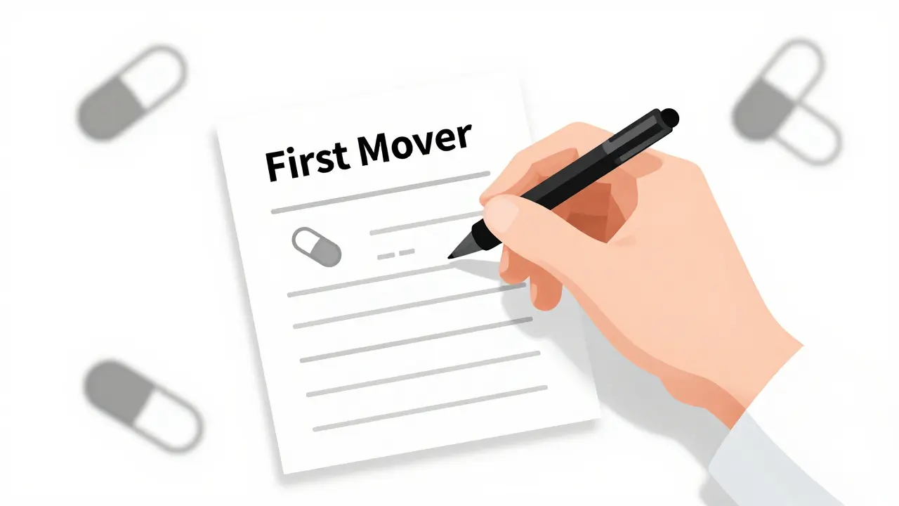 A doctor's hand prescribing a single pill, with other pills blurred out in the background.