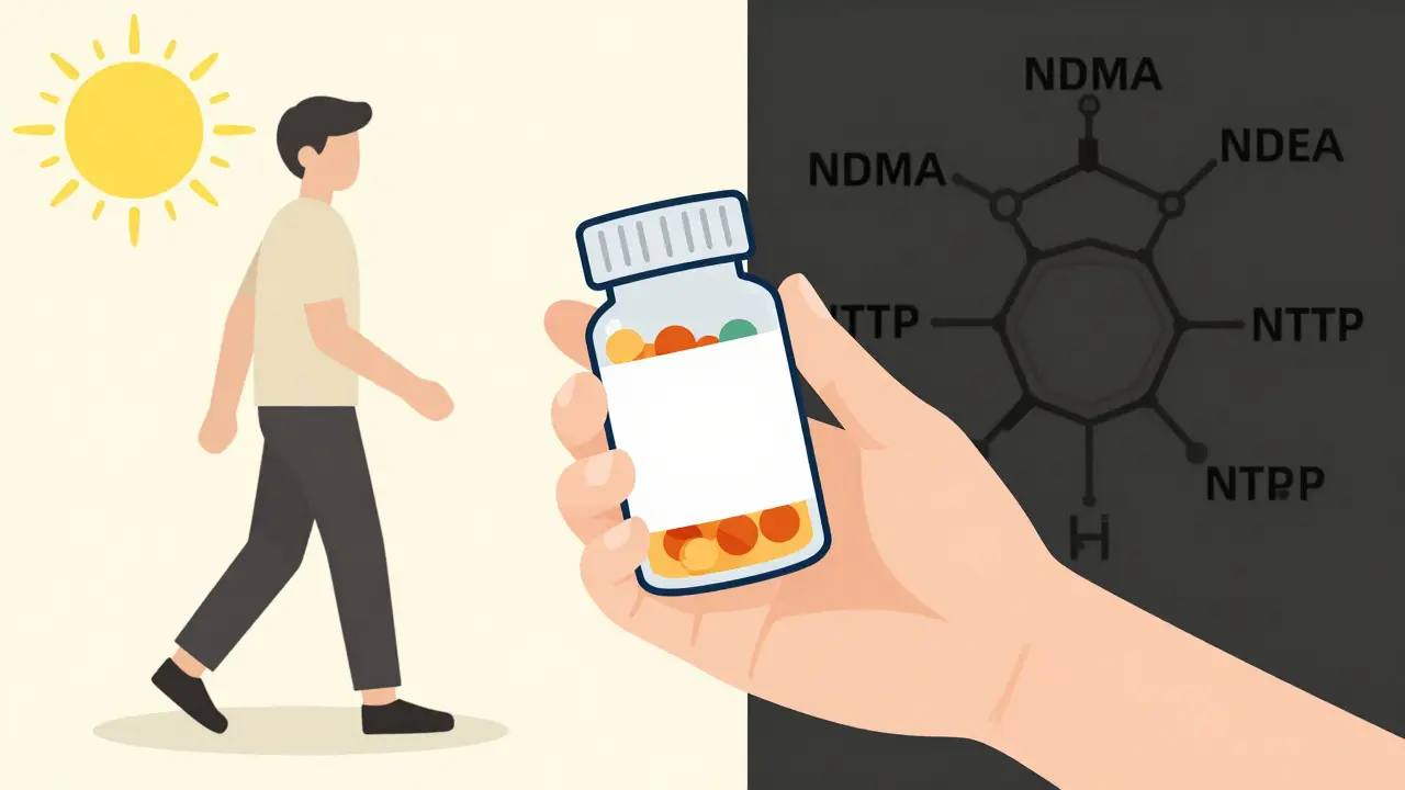 A hand holding a pill bottle with a split background showing health versus hidden chemical risks.
