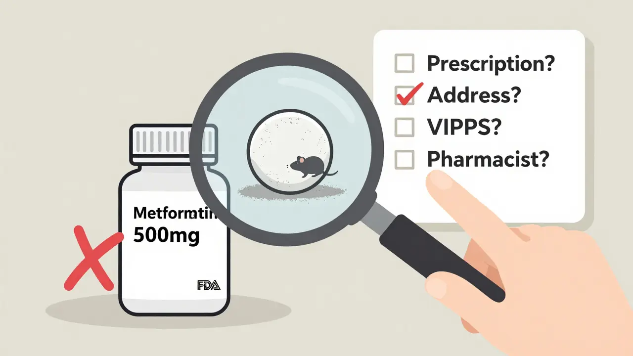 A magnifying glass revealing a counterfeit pill with hidden toxic elements beside a legitimate one, with a safety checklist in the background.