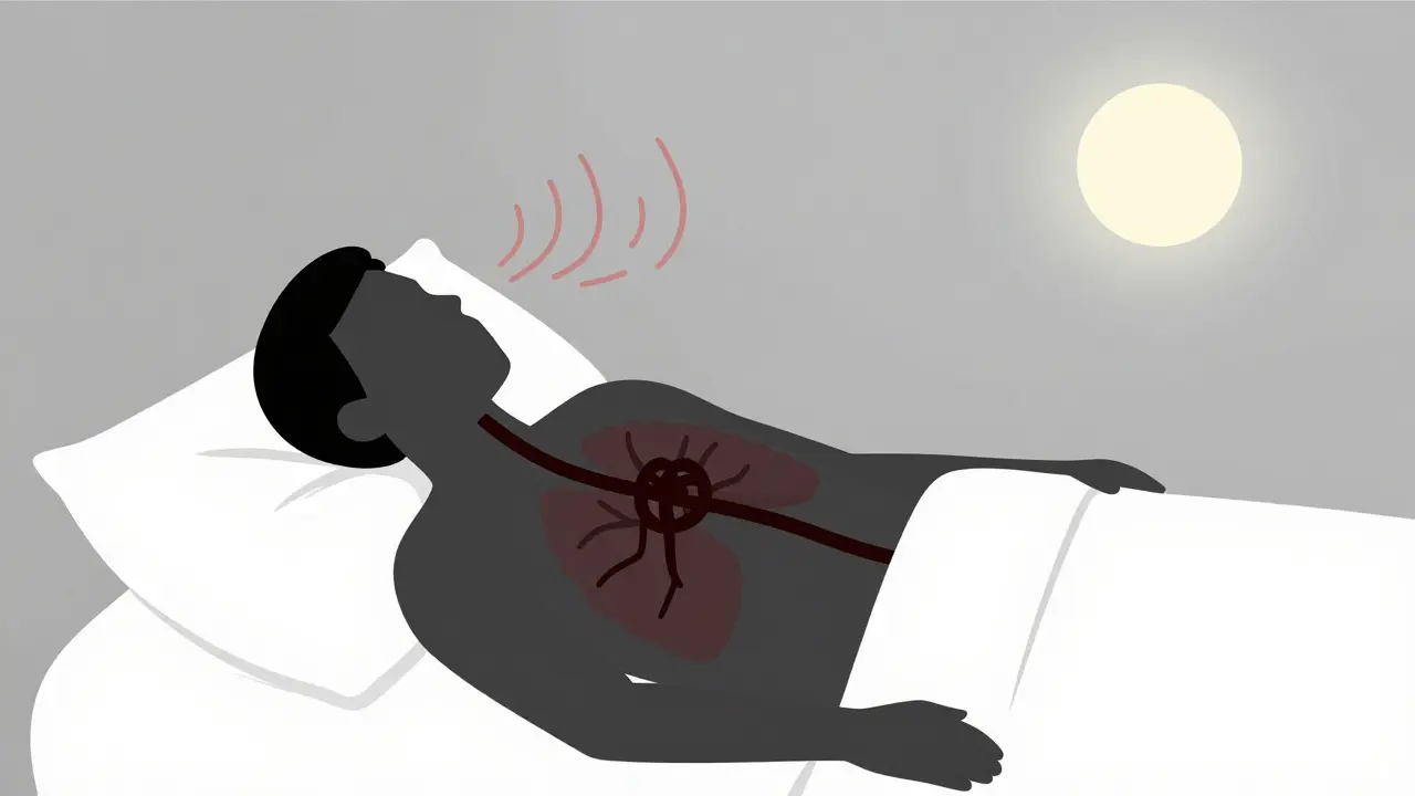 A person in bed with dark lines converging over their chest, symbolizing dangerous sedation.