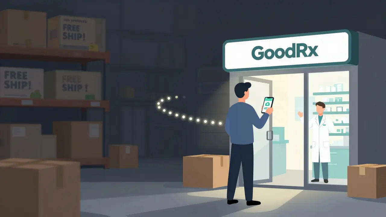 A person using GoodRx to access a verified pharmacy, while a shadowy fake pharmacy fades behind them.