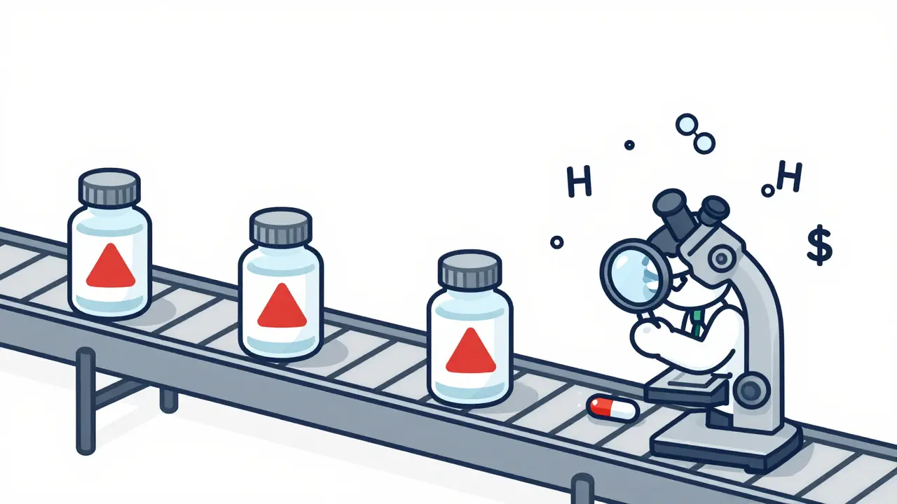 A pharmaceutical production line with warning signs and a scientist inspecting a pill under a microscope.