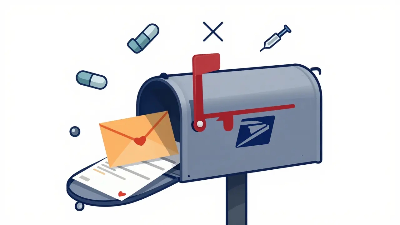 A prepaid envelope being dropped into a U.S. mailbox, with icons of prohibited items crossed out nearby.