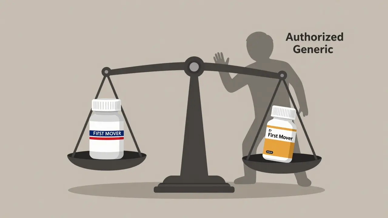 A scale tipped by a first-mover generic pill, with a shadowy authorized generic trying to balance it.