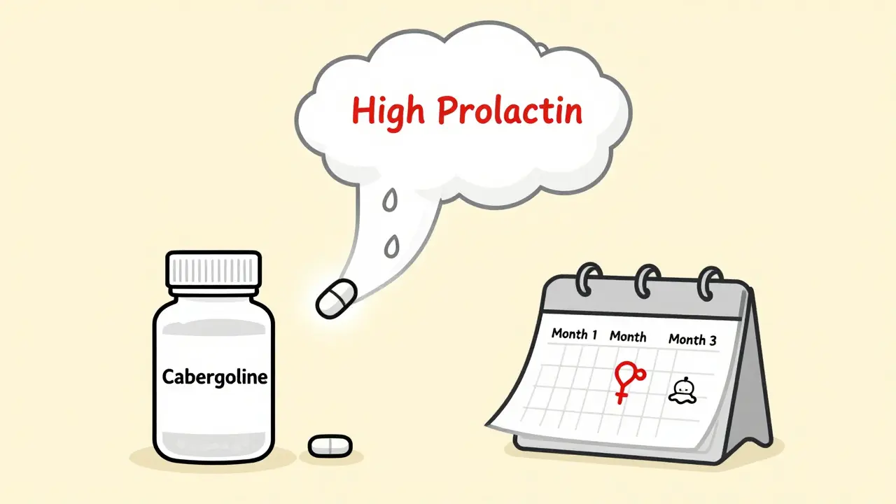 Cabergoline pill neutralizing high prolactin cloud, with calendar and baby icon in minimalist style.