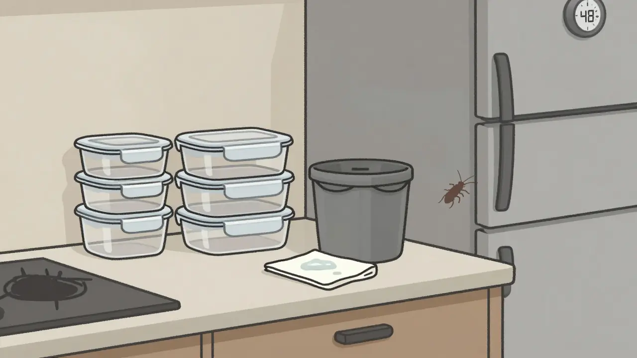 Clean kitchen counter with sealed food containers and no pests, emphasizing allergen prevention.