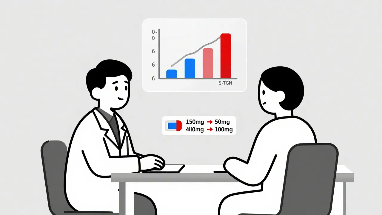Clinic scene with floating blood test graphs showing 6-MMP and 6-TGN levels changing after LDAA therapy.