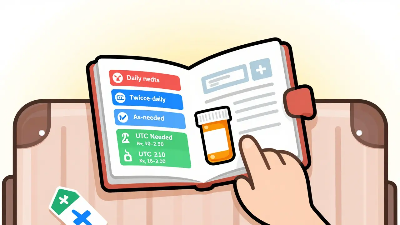 Color-coded medication chart and prescription bottle in open wallet on suitcase.