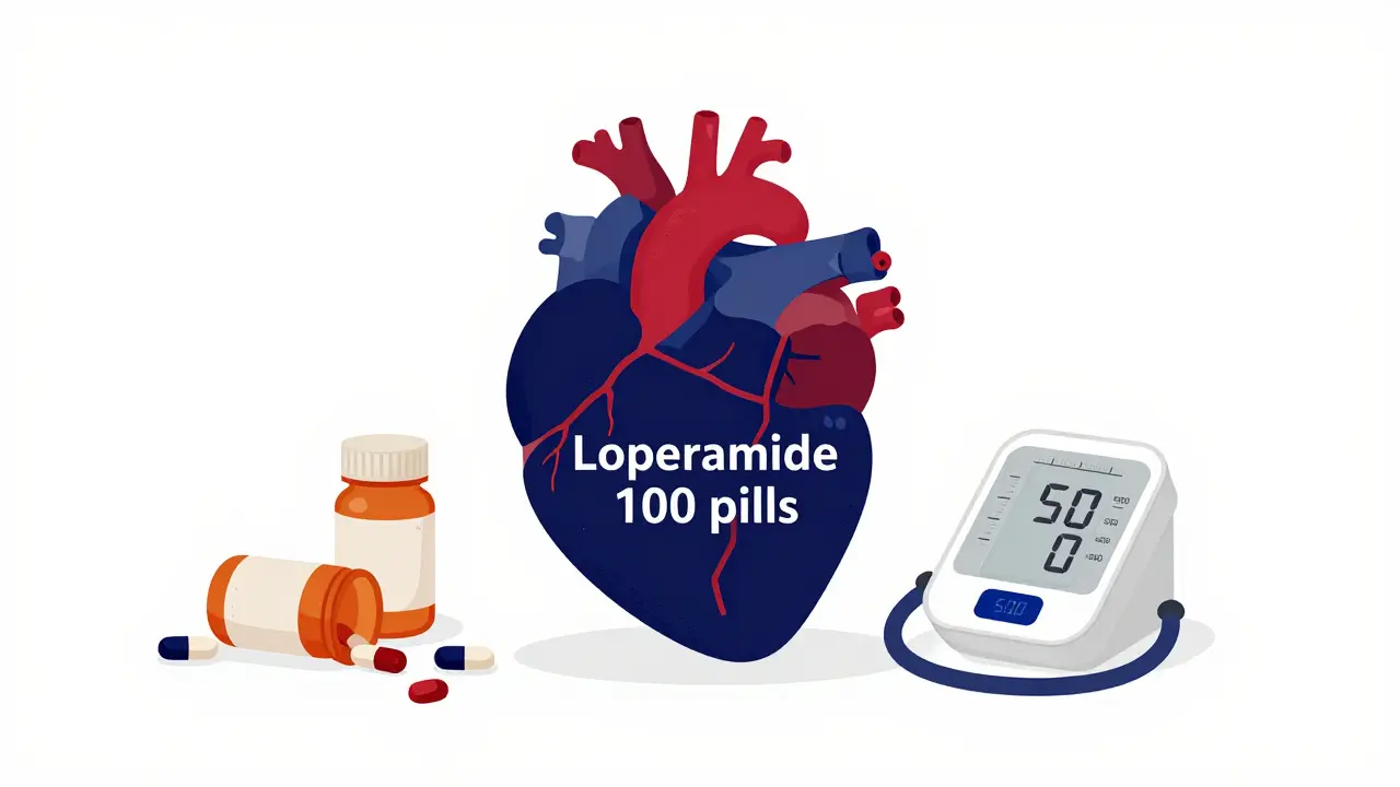 Cracked heart surrounded by overdose pill bottles and medical monitor