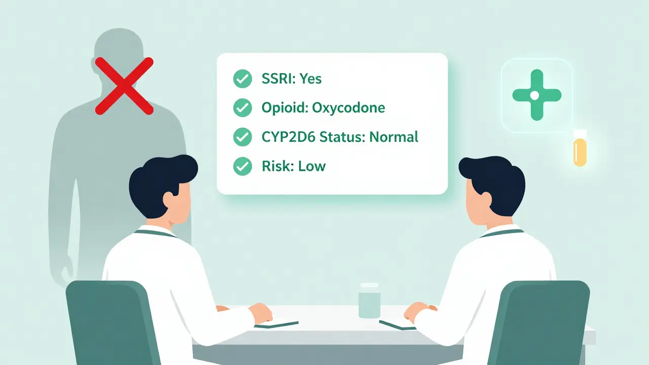 Doctor and patient reviewing a digital medication safety checklist with low-risk opioids highlighted.