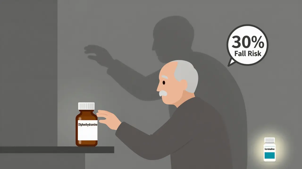 Elderly person reaching for a sleep aid, with a falling shadow nearby, representing increased fall risk.