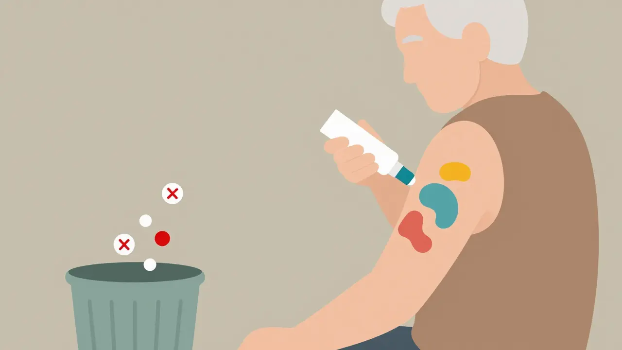 Elderly person receiving a transdermal pain cream, avoiding oral pills.