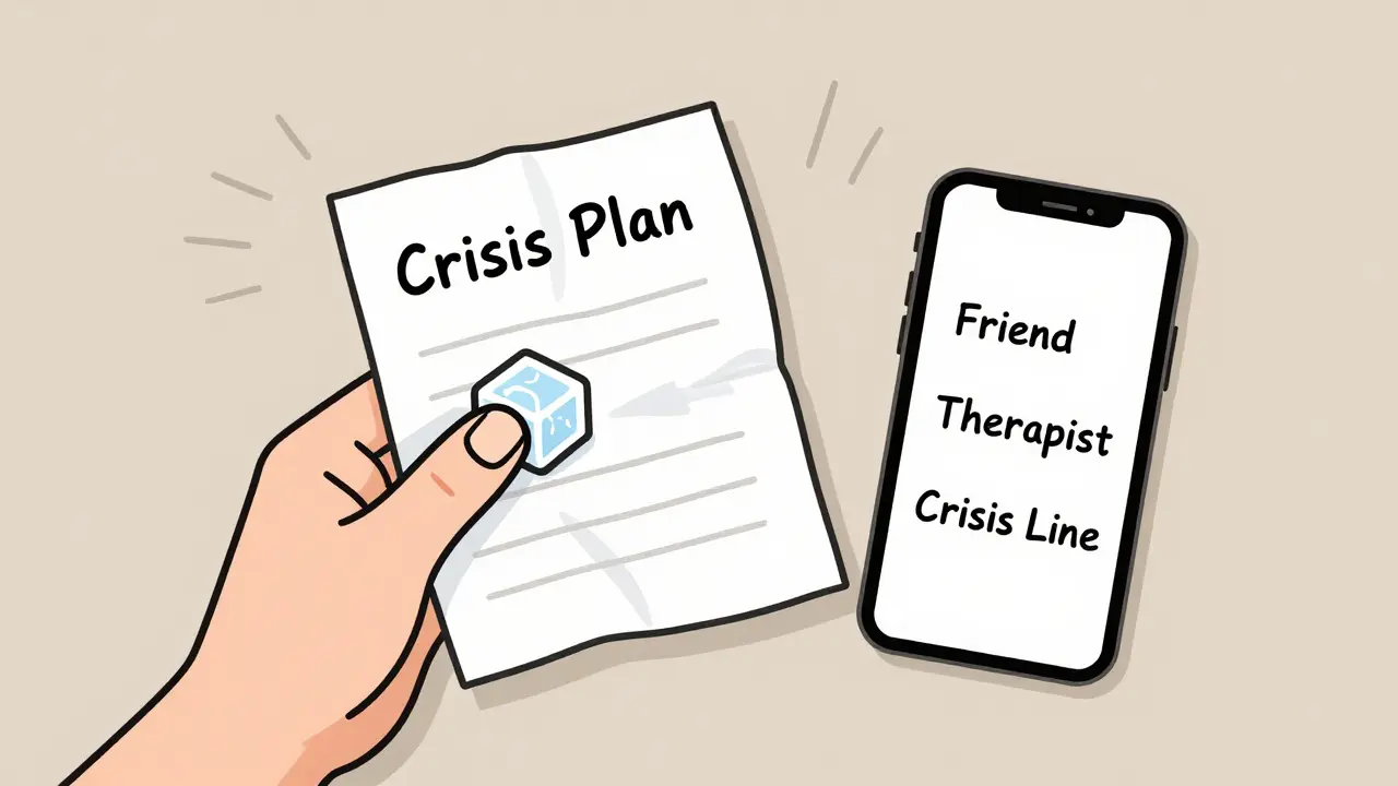Hand holding a crisis plan with ice cube and phone contacts nearby.