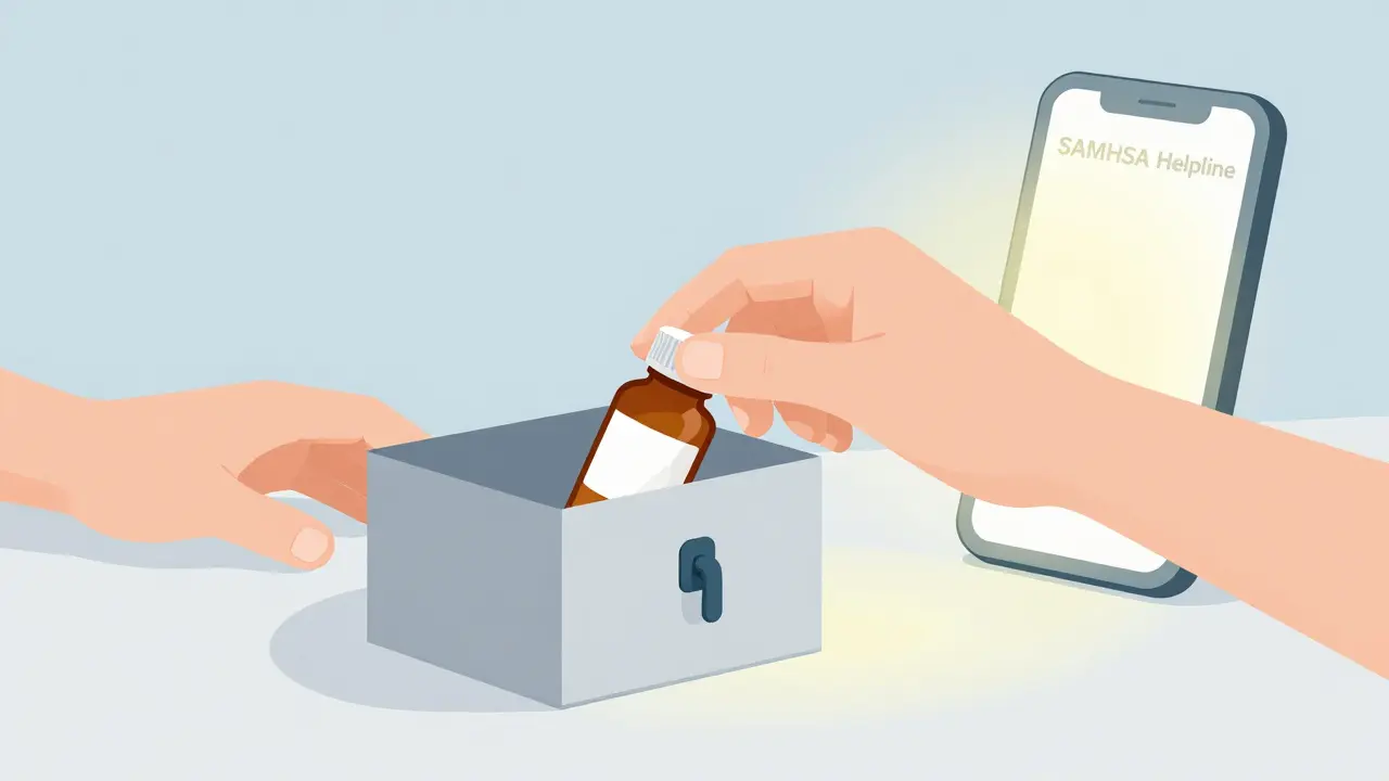 Hand locking medicine away as help reaches out from behind