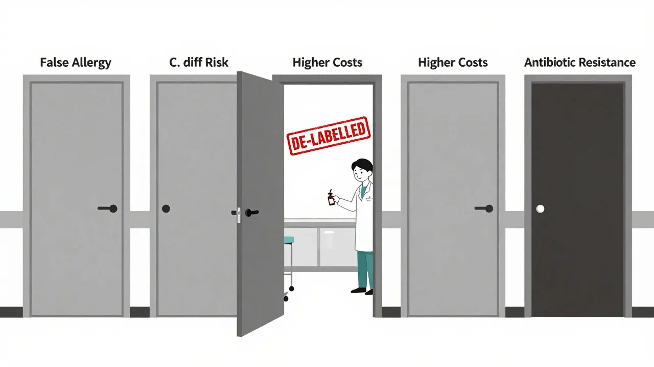 Hospital hallway with closed doors representing risks, one open door revealing a person with penicillin and a 'de-labeled' stamp.