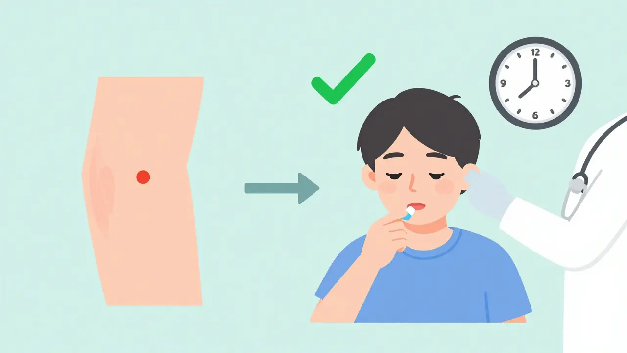 Minimalist medical illustration showing skin test and oral challenge with a clock and checkmark, symbolizing a safe two-hour process.