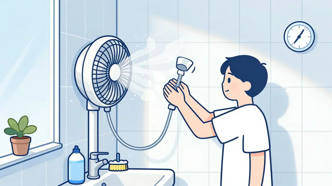 Mold-free bathroom with exhaust fan running and no indoor plants to reduce humidity.