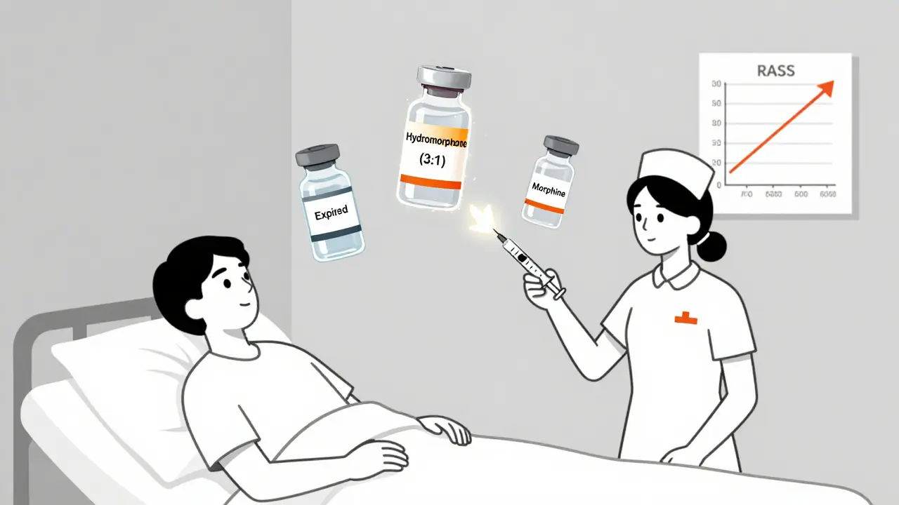 Nurse administering hydromorphone as replacement for expired opioid, with dosing ratio chart and sedation monitor visible.