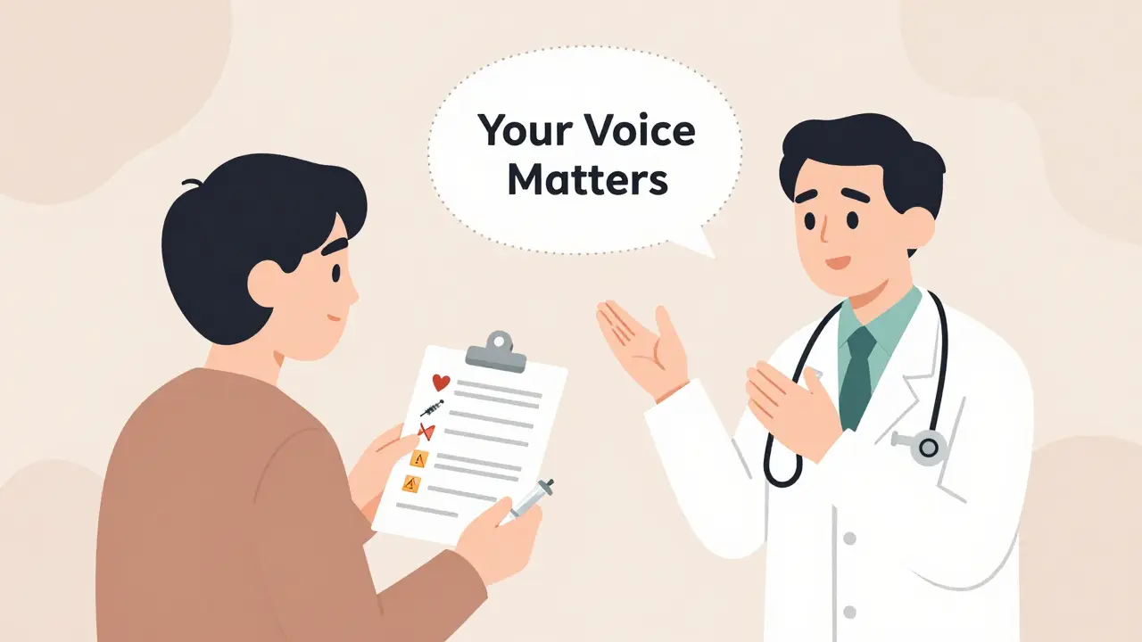 Patient asking questions about meds, with safety icons floating around them in a supportive circle.