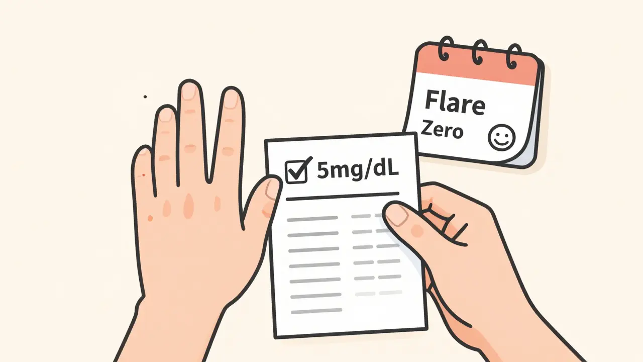 Patient holding a blood test showing 5 mg/dL while tophi shrink behind them.