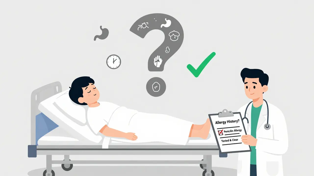Patient in hospital bed with floating question mark filled with allergy symbols and corrected label