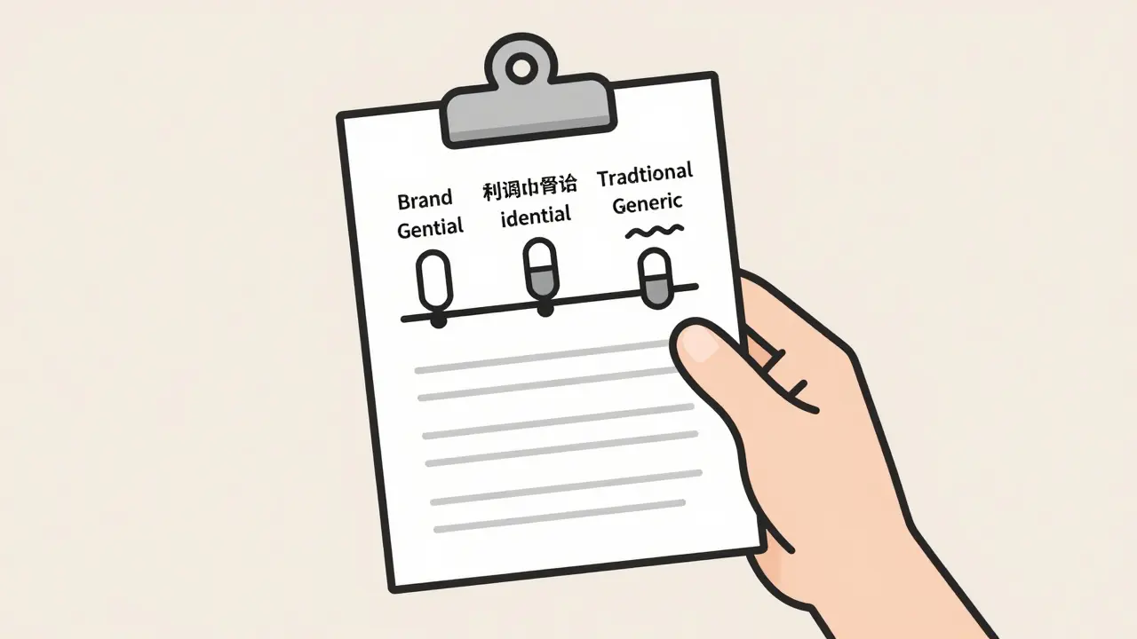 Patient tracking medication changes over time with three pill types and effectiveness waves.