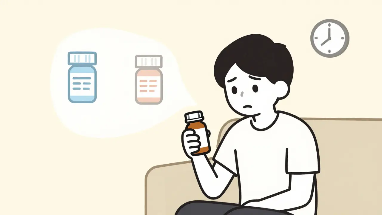 Person holding medicine bottle confused, comparing correct and wrong labels